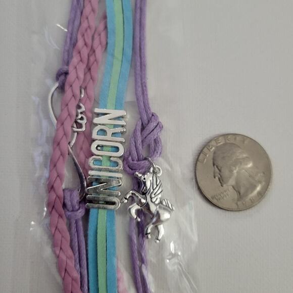 Unicorn charm bracelet, purple pink blue layered band with silver-tone charms - Picture 2 of 2